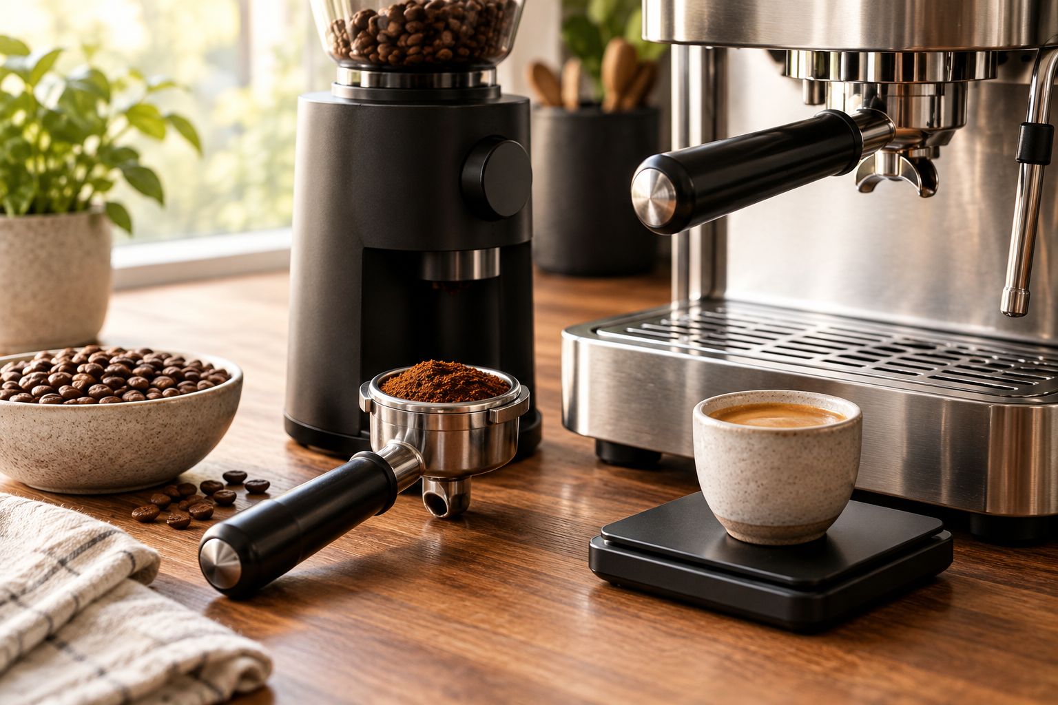 Home espresso setup with a grinder, filled portafilter, and cup on a scale.