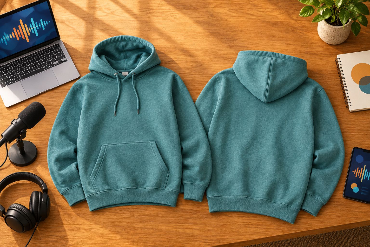 Plain hoodies showing the front pocket, hood, seams, and back panel