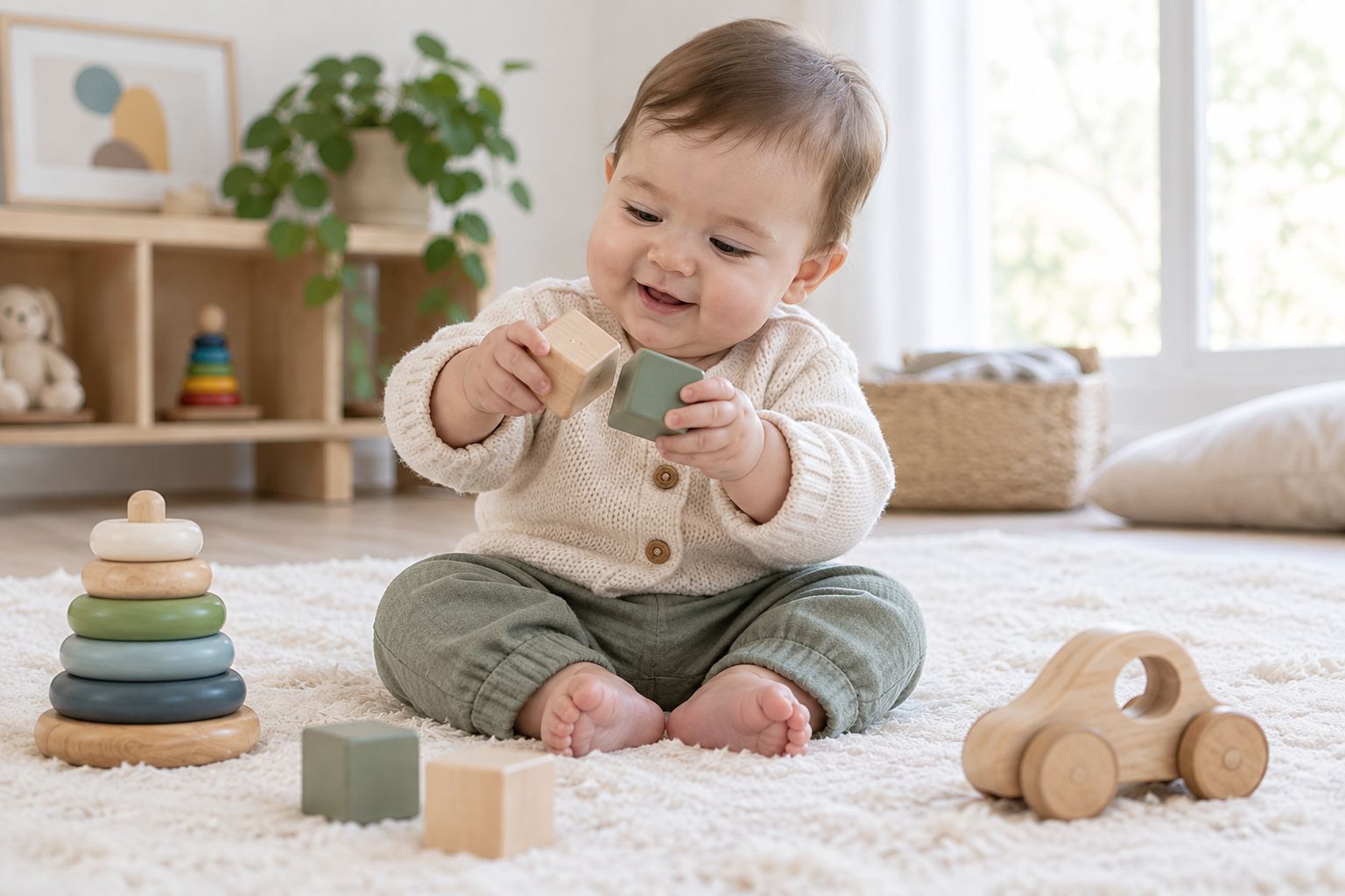Baby sitting upright banging two wooden blocks together