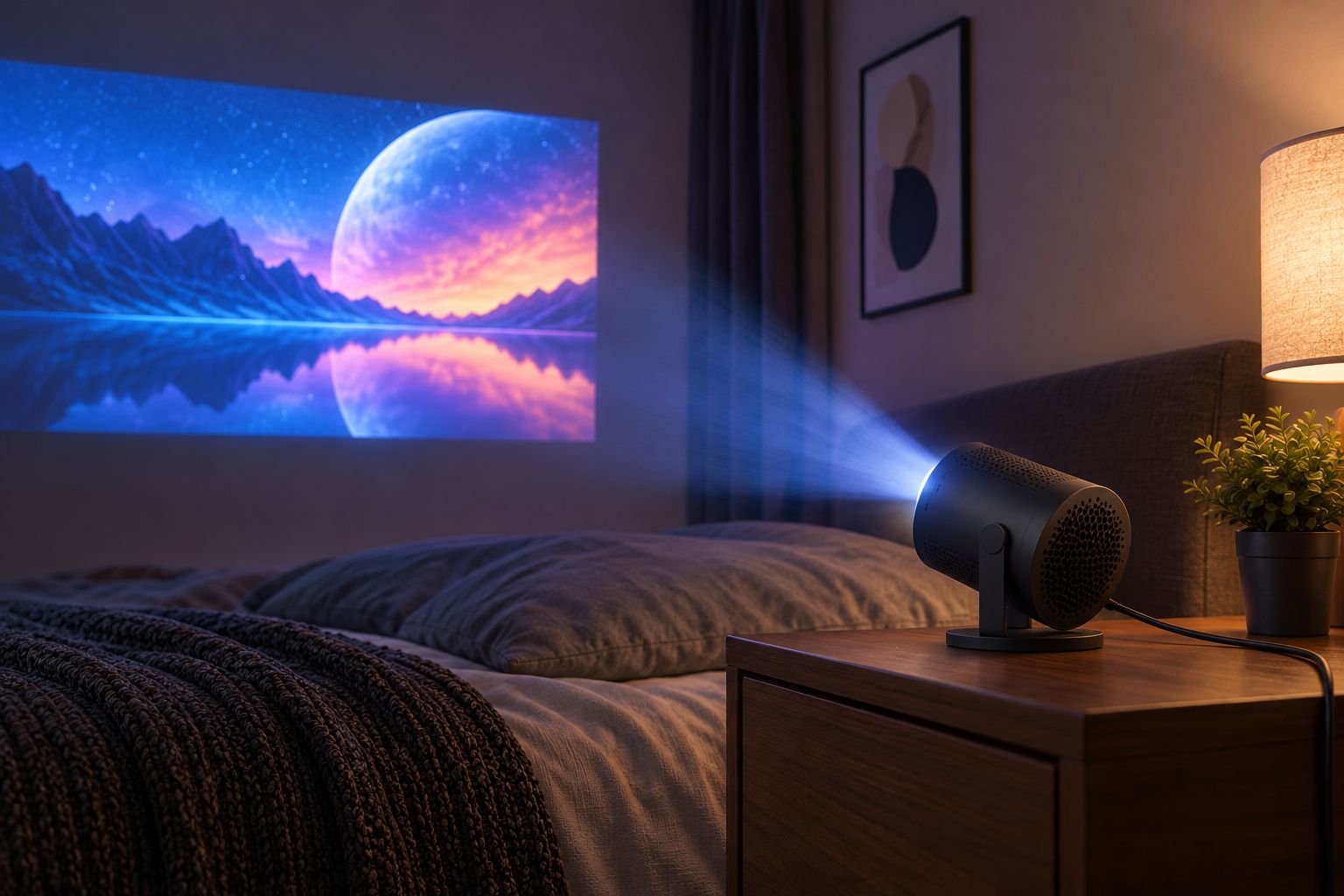 Compact projector on a stable bedroom table with clear ventilation and an unobstructed wall