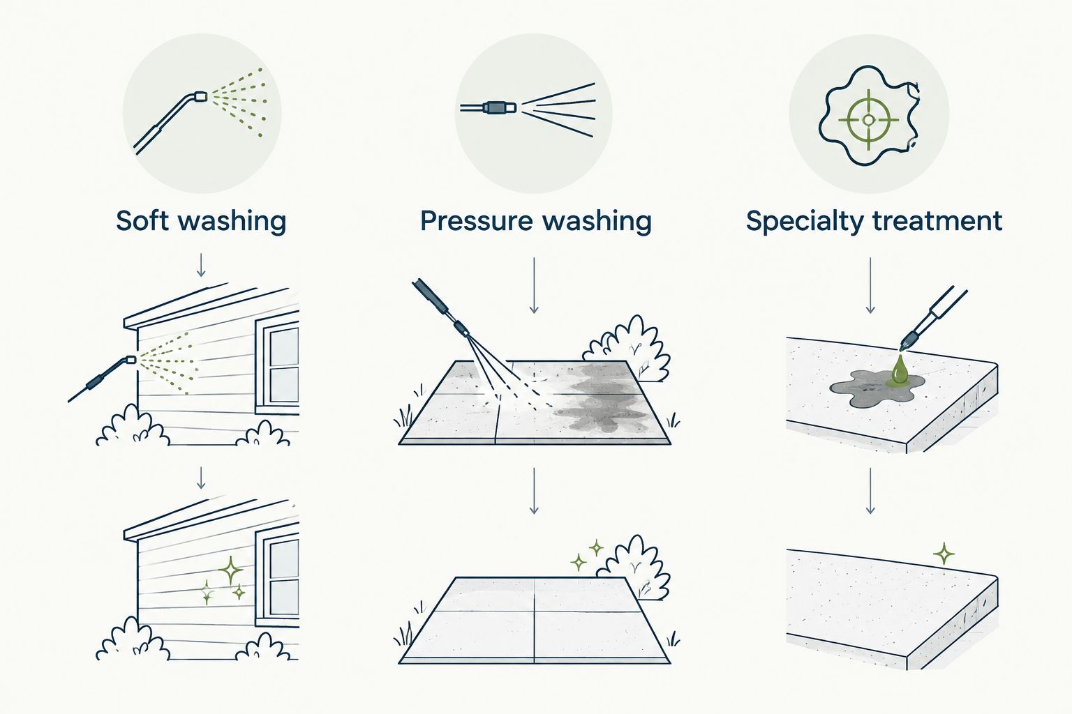 Comparison of soft washing, suitable pressure washing, and targeted specialty stain treatment
