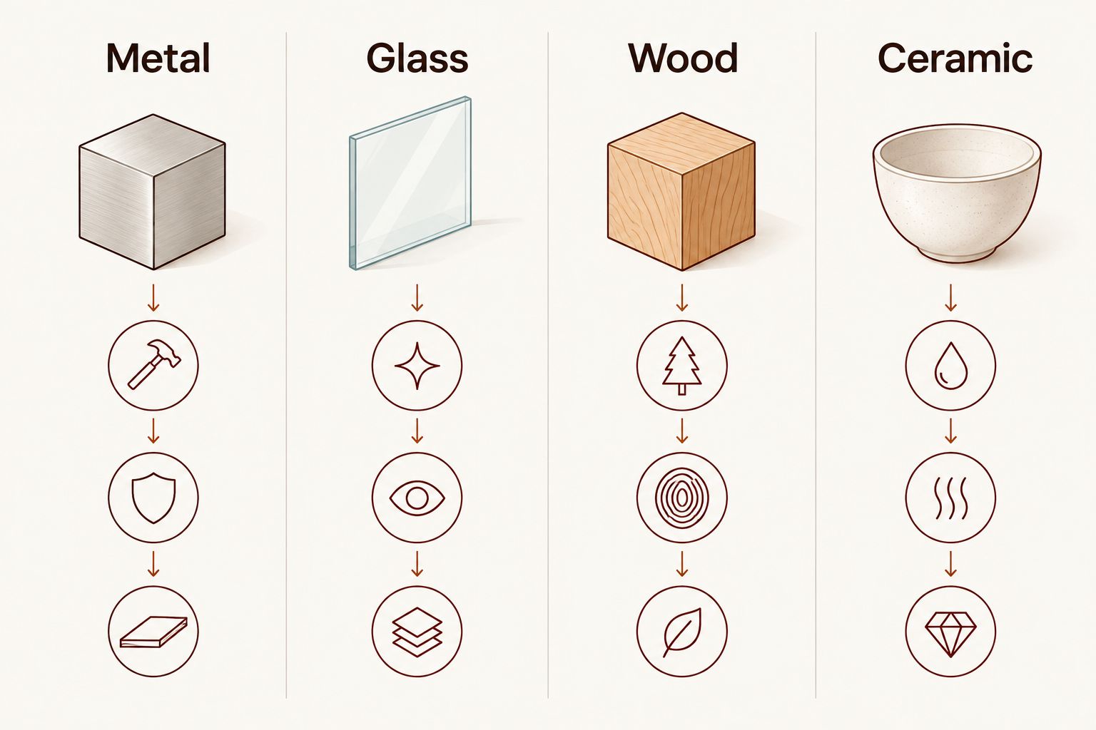 Side-by-side comparison of metal, glass, wood, and ceramic one-hitter pipe materials