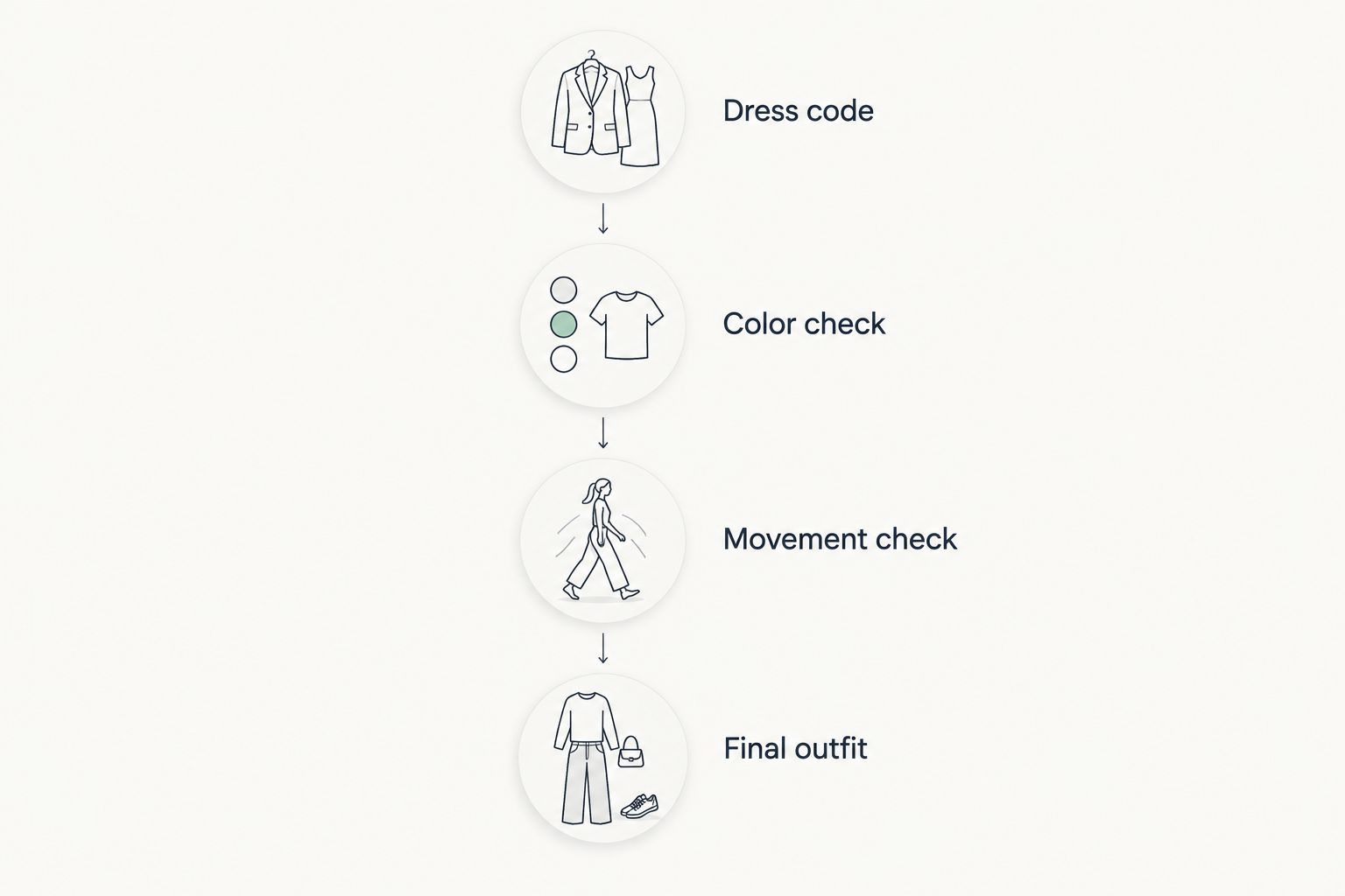 Four outfit checks covering dress code, color, movement, and the complete look