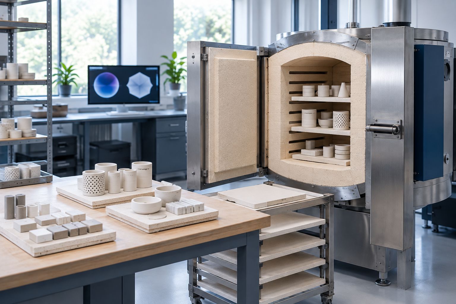 Ceramic test pieces on refractory setters inside an open kiln with clear loading access