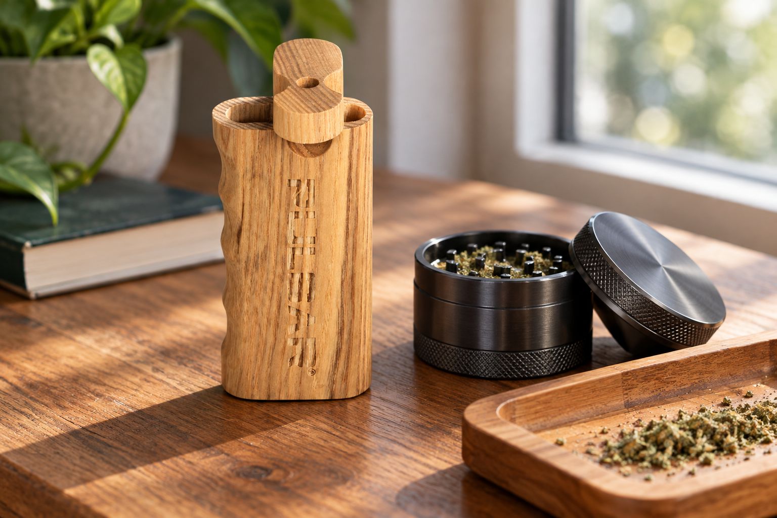 Wood twist-top dugout resting on a home desk next to a grinder