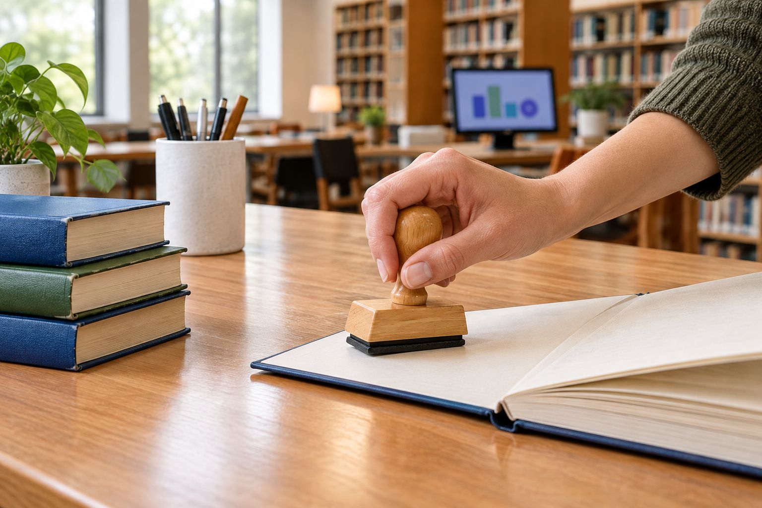 Librarian stamping the inside cover of a book at a circulation desk