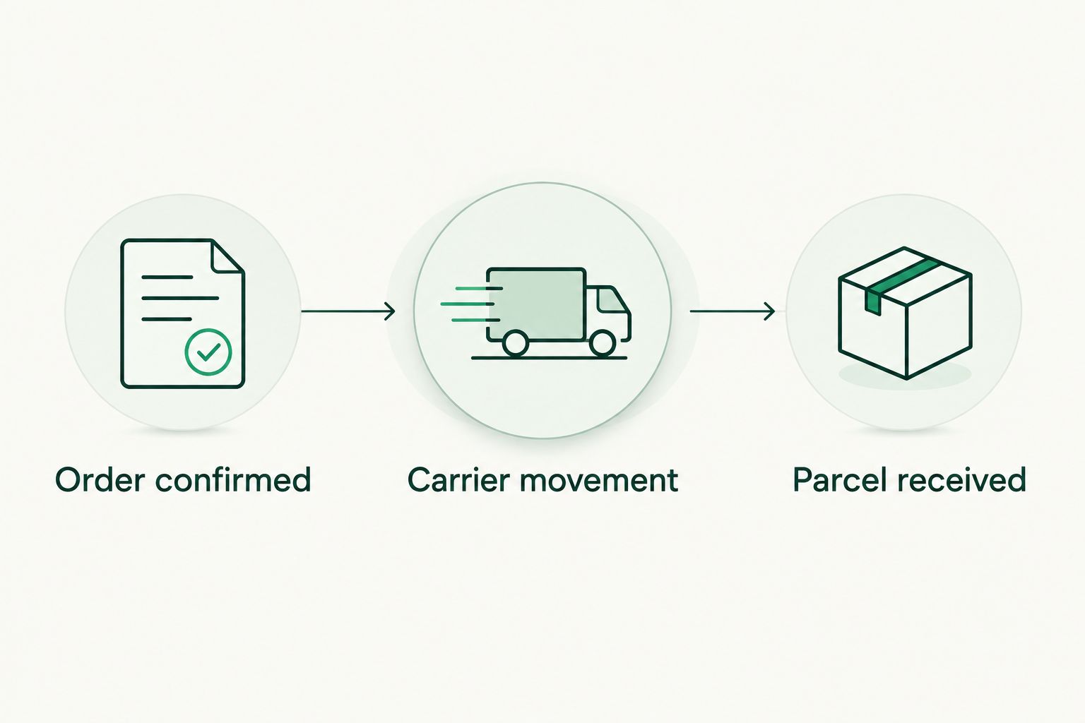Order tracking workflow from confirmation through carrier movement to parcel receipt