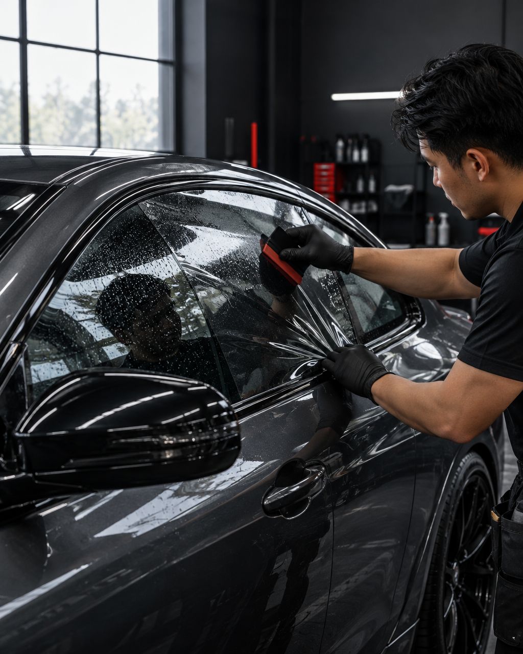 Window film being fitted to a graphite sedan.