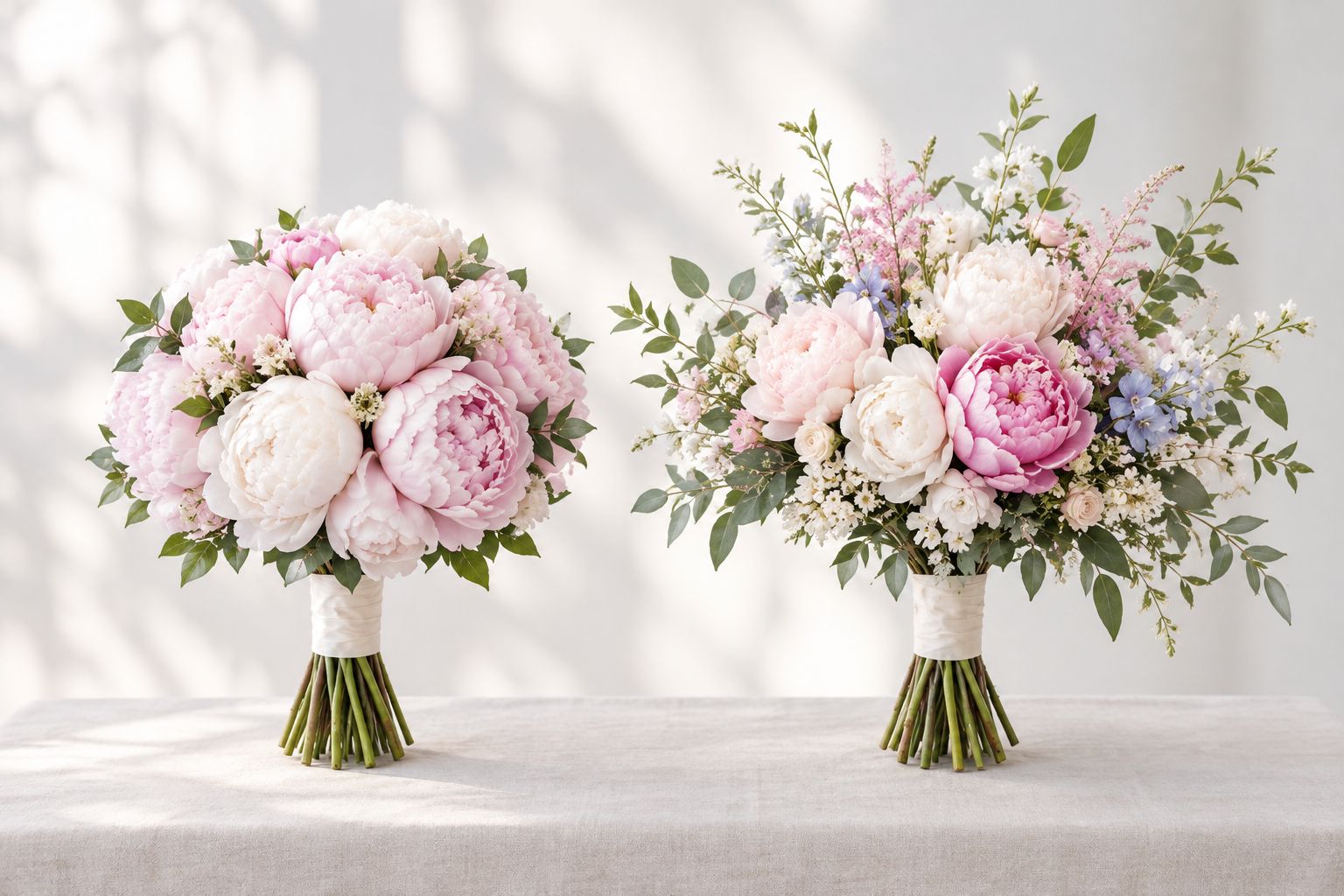 Rounded peony bouquet beside a loose garden-style bouquet, showing their different outlines.