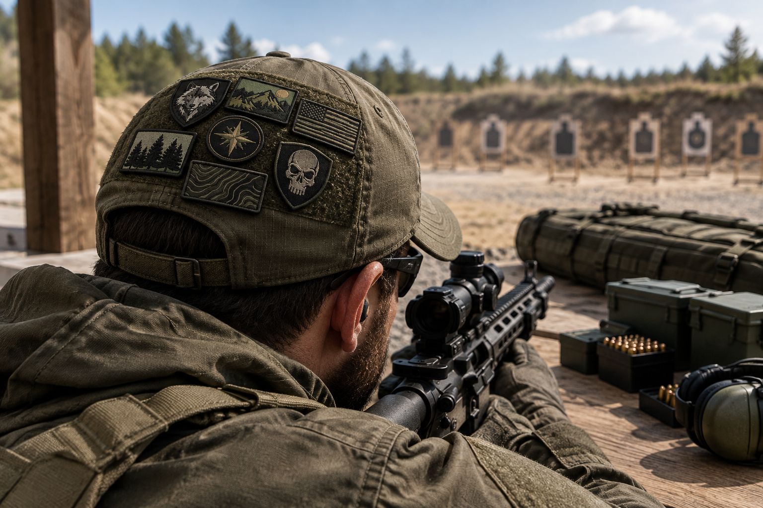 Tactical hat with a full hook-and-loop patch panel worn at an outdoor range