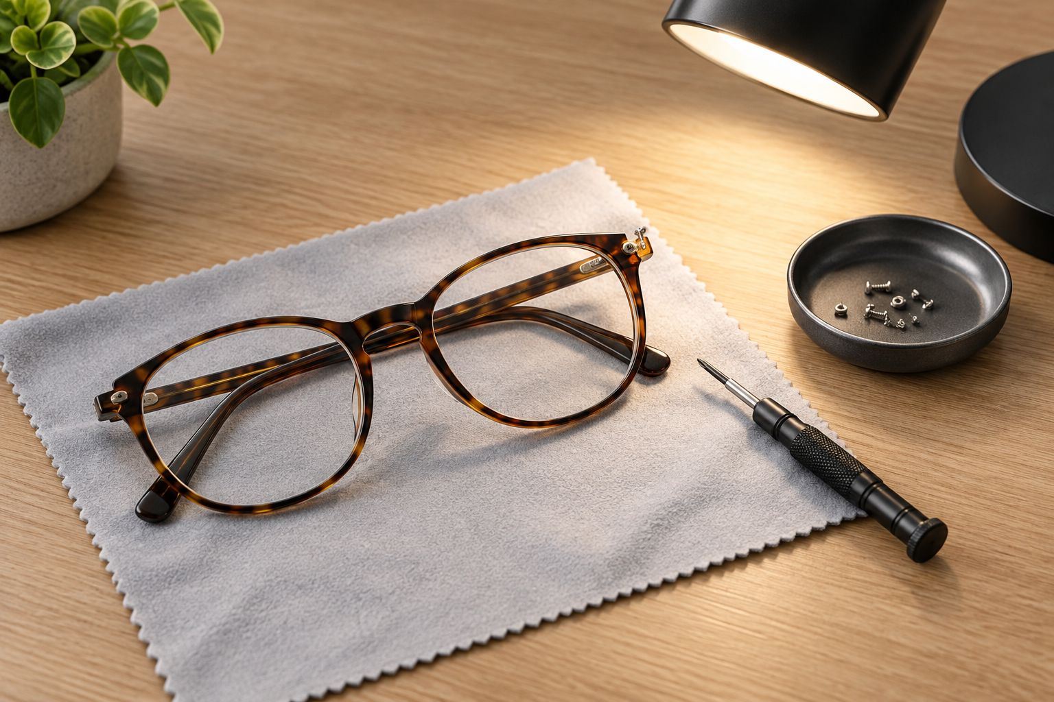 Glasses, a manual precision screwdriver, and a parts dish arranged on a soft cloth under a lamp.