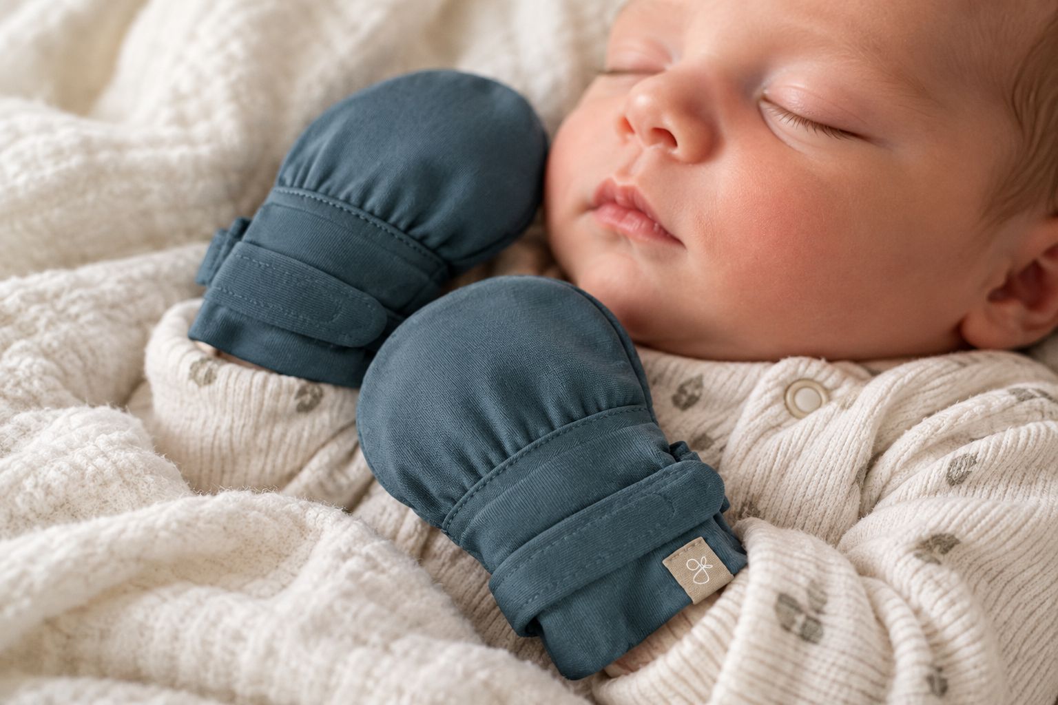 Stay-on baby mittens on a newborn's hands during a nap