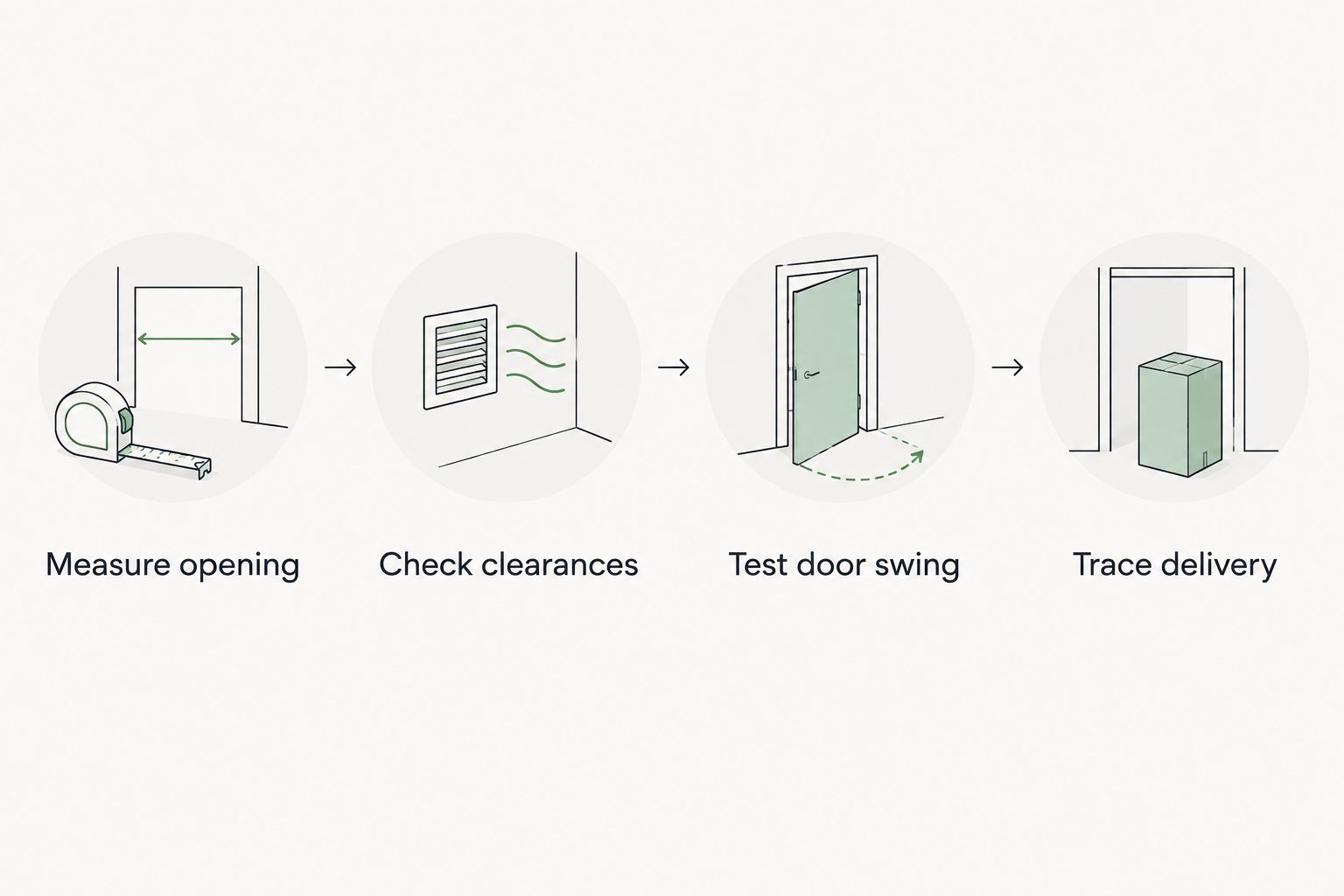 Four refrigerator fit checks covering the opening, clearances, door swing, and delivery route