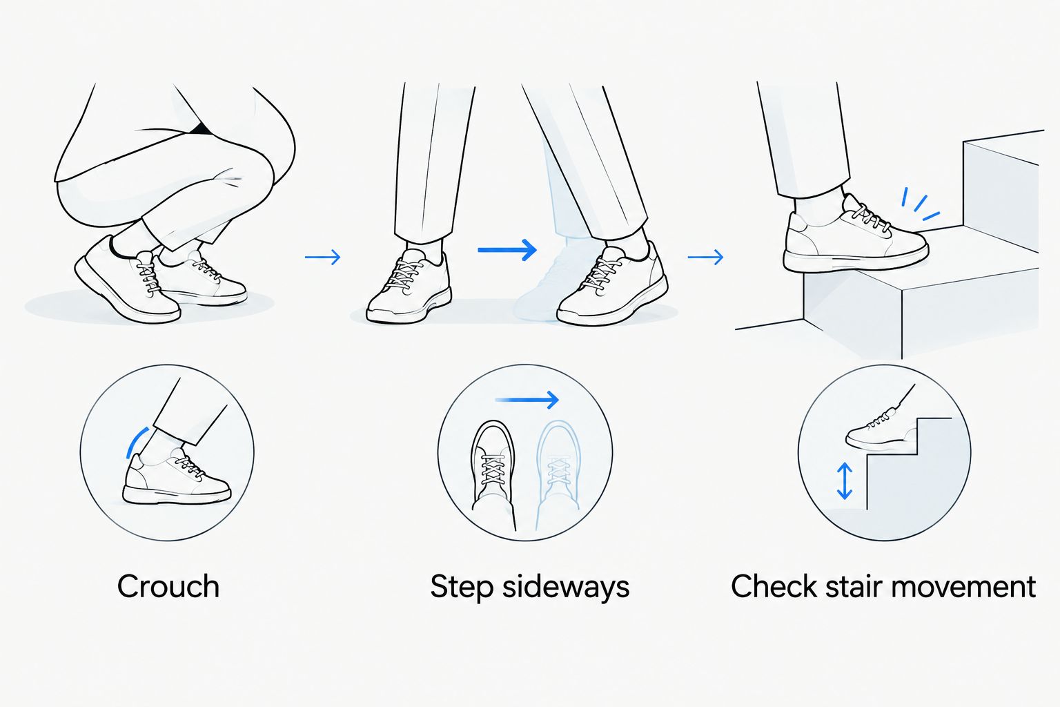 Three sneaker fitting checks: crouching, stepping sideways, and using stairs