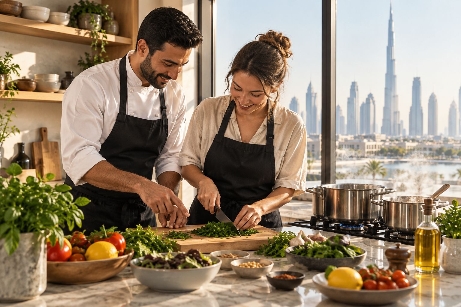 Private chef guiding a host through a cooking step in a home kitchen