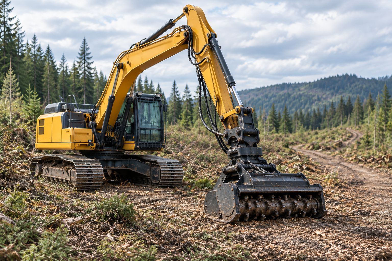 Excavator mulching head resting beside a scrub-covered access track