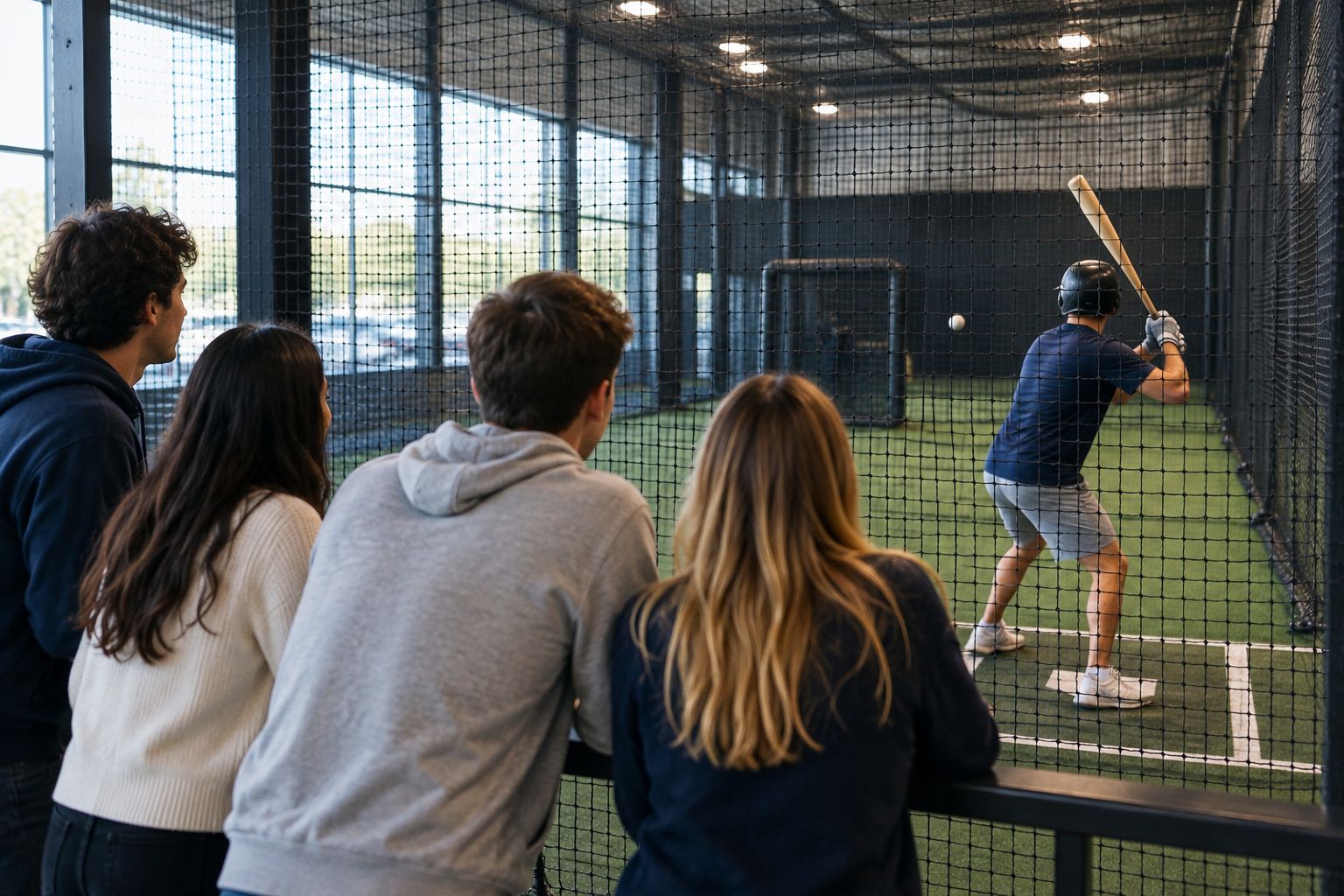 Indoor batting cage with a player inside and a group watching from outside