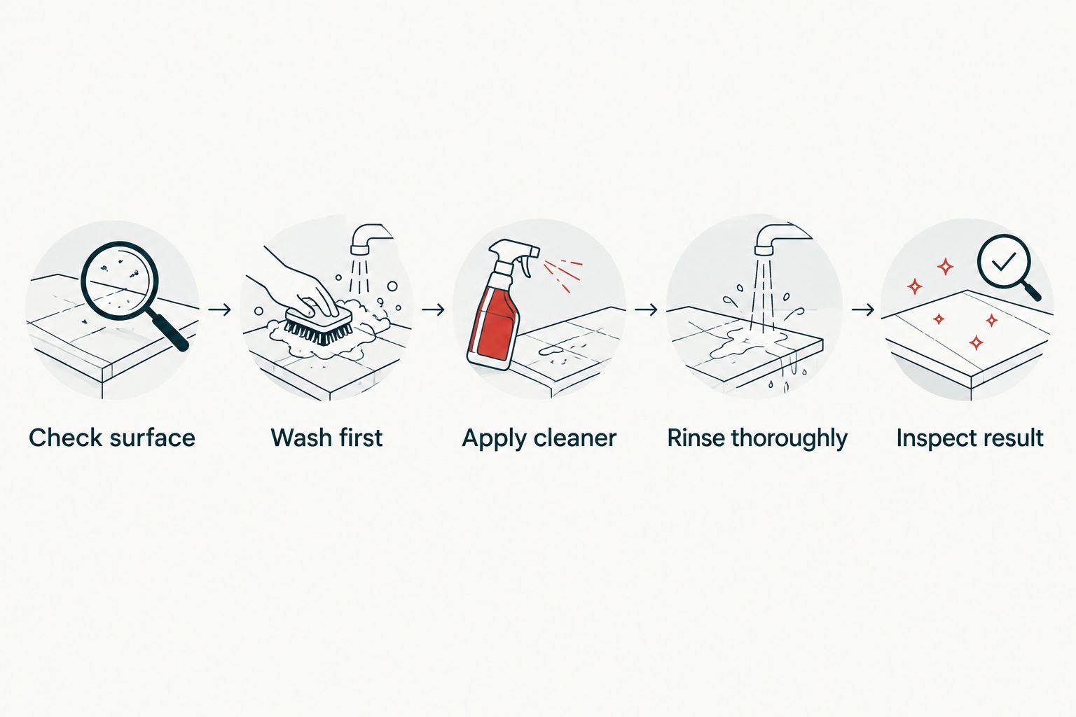 Sequence for checking the surface, washing, applying iron remover, rinsing and inspecting