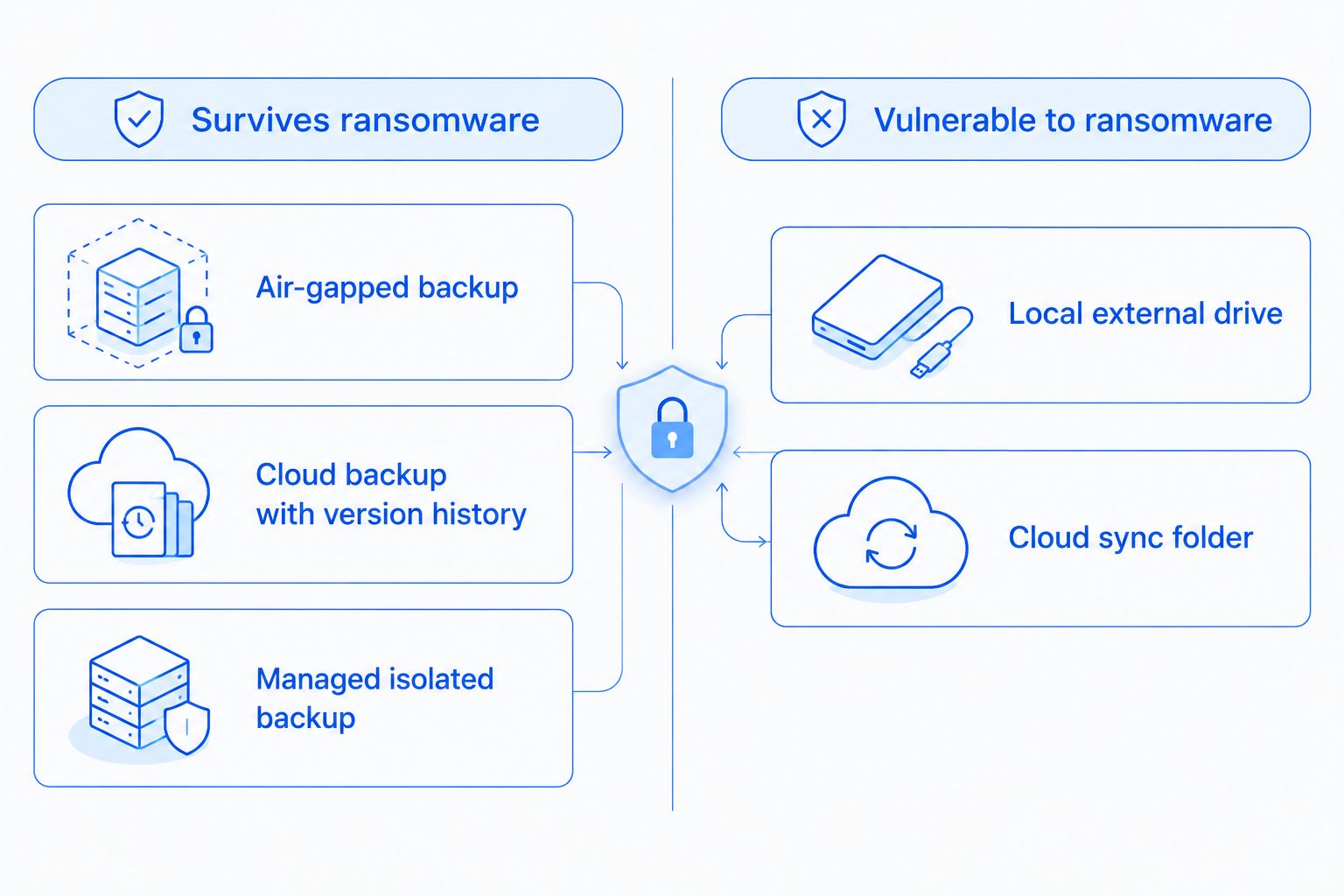 Two-column comparison of backup types that survive ransomware versus ones that don't