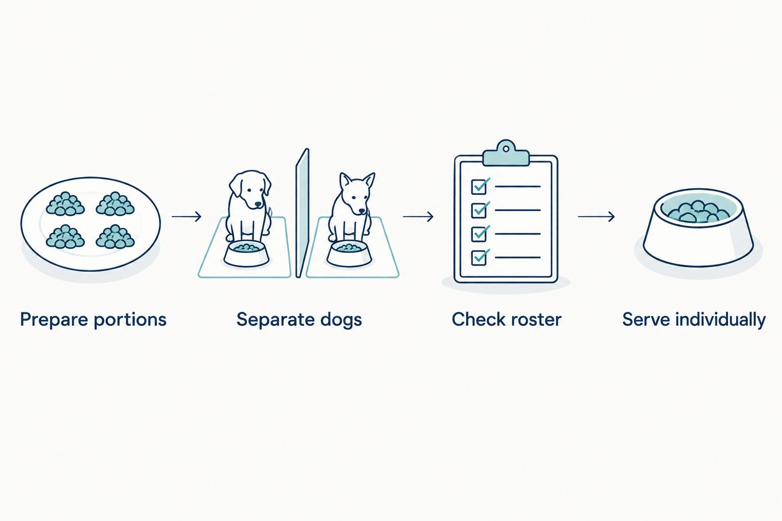 A serving sequence showing portion preparation, dog separation, roster checks, and individual feeding.