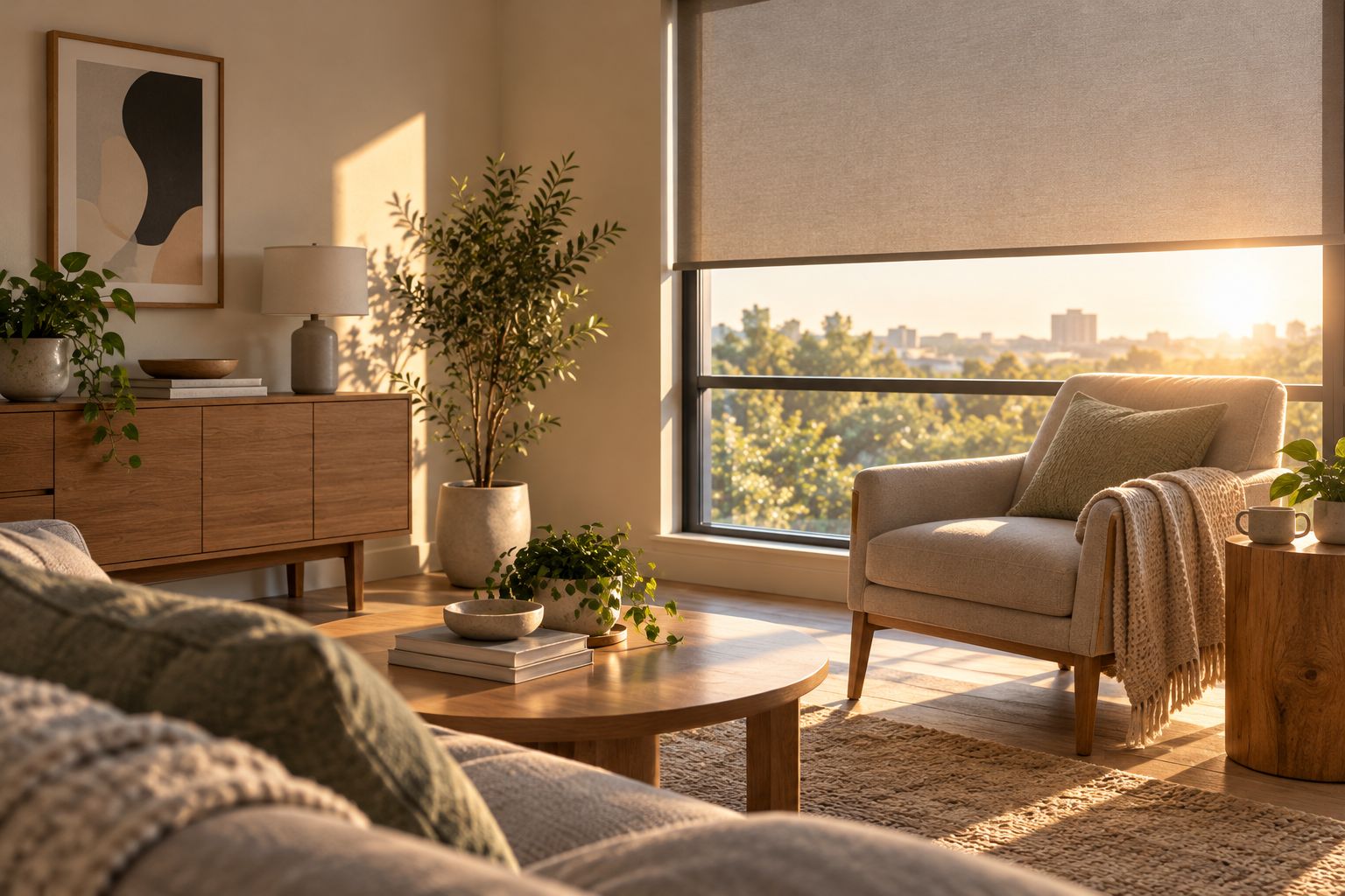 Partly lowered roller shade blocking afternoon sunlight from an armchair