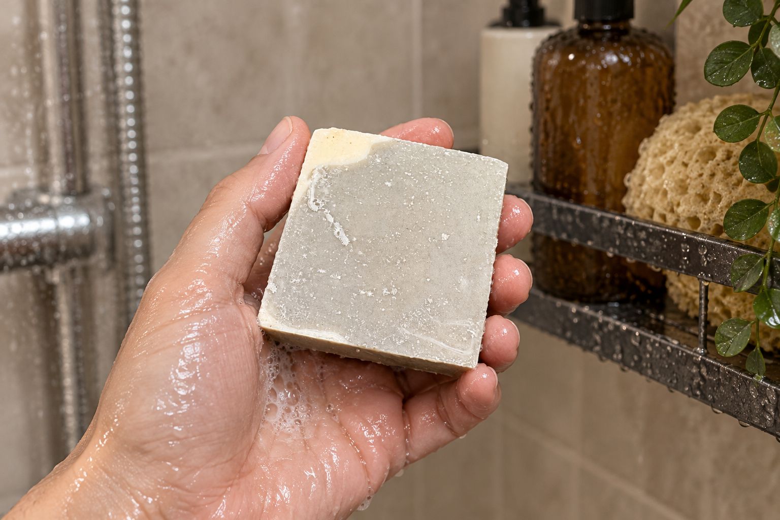 Head-to-toe soap bar held beside a shower shelf