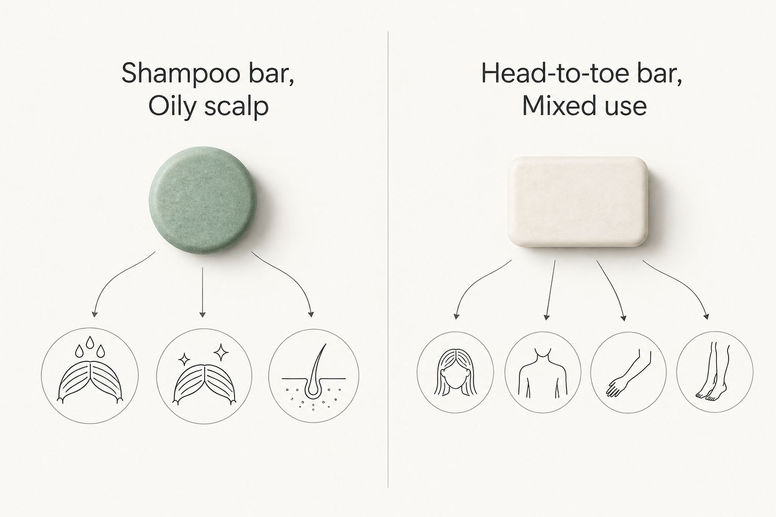 Comparison of a shampoo bar for an oily scalp and a head-to-toe bar for mixed use