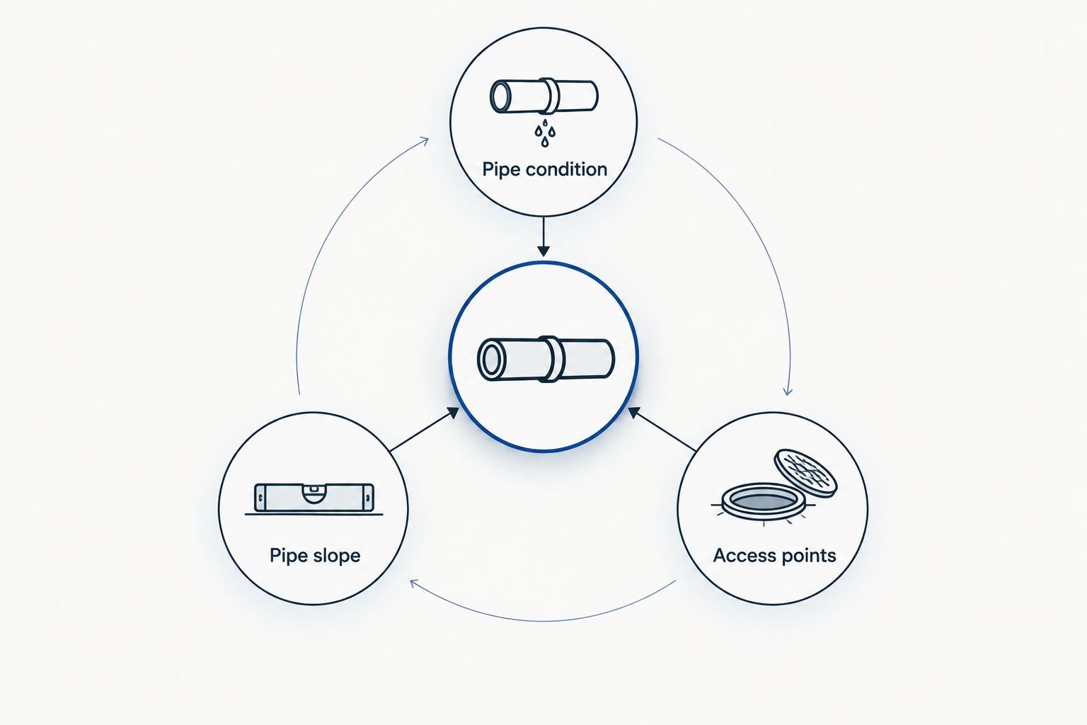 Three checks for trenchless sewer repair: pipe condition, pipe slope, and access points.