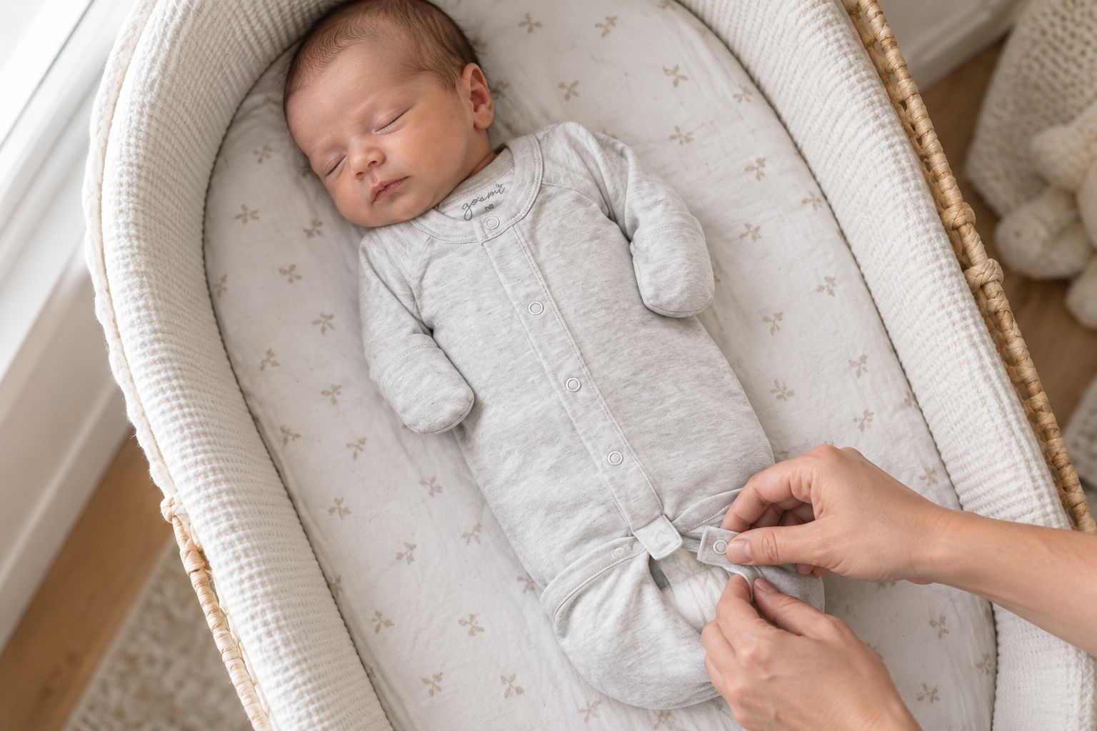 Preemie convertible gown worn by a newborn during a diaper change