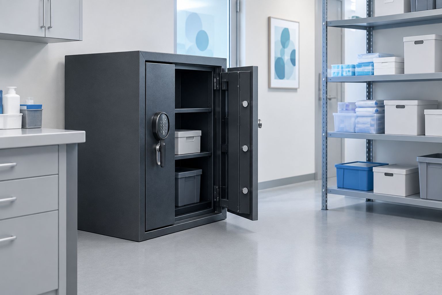 Security safe in a restricted storeroom with clear space for opening and cleaning