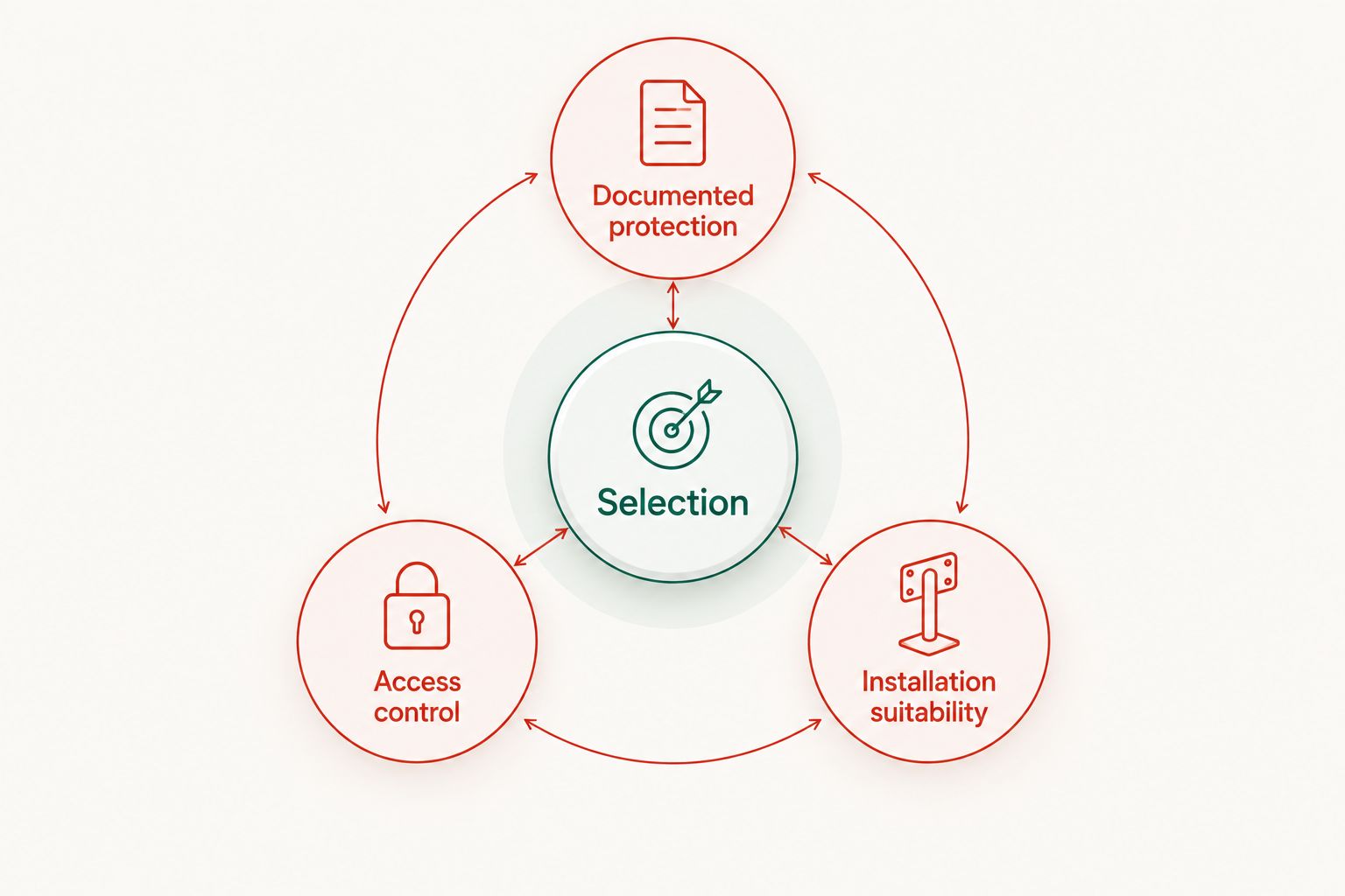 Safe selection diagram connecting documented protection, access control and installation suitability