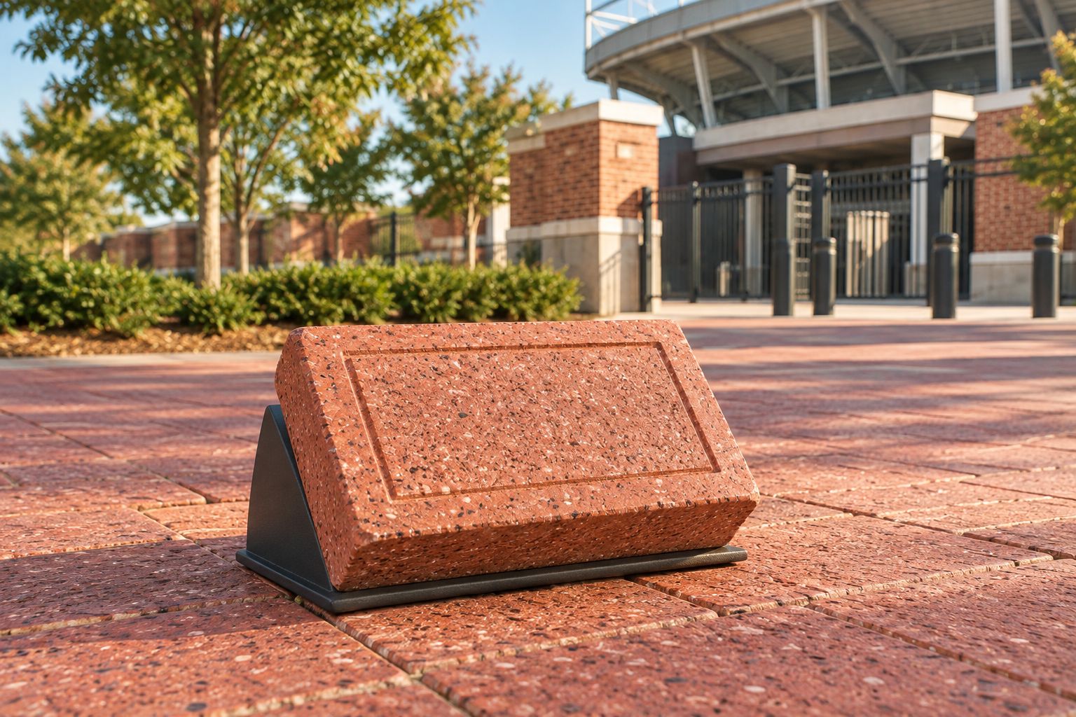 A sample engraved brick beside stadium entrance paving, viewed in natural light