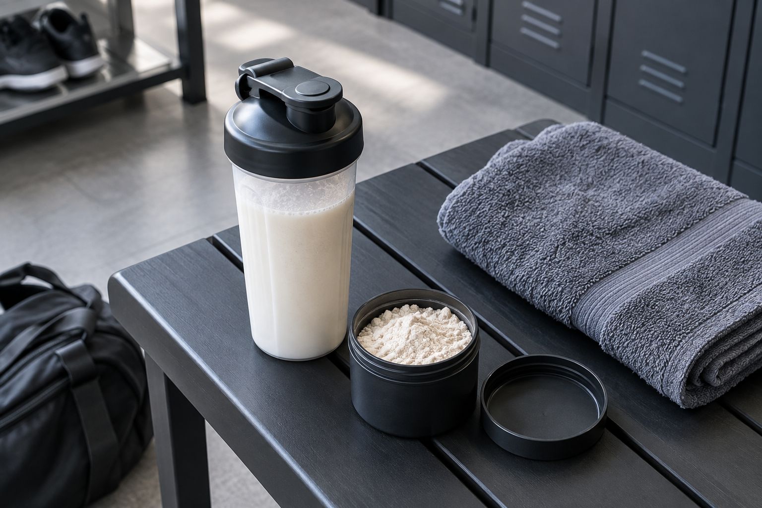 Shaker bottle and separate dry-powder compartment beside a gym towel