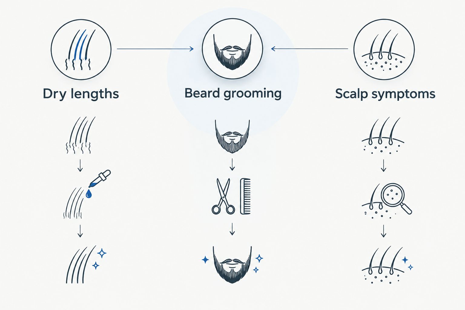 Three separate care priorities: dry hair lengths, beard grooming and scalp symptoms