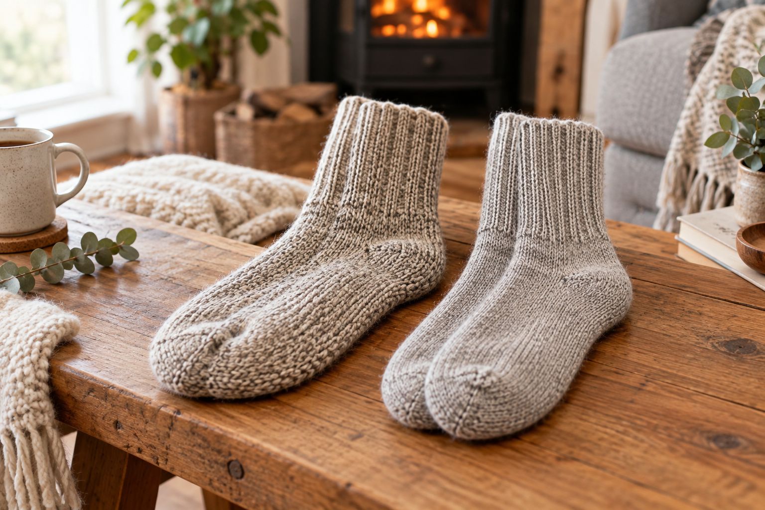 Close-up of two wool sock textures side by side showing coarser and finer knit