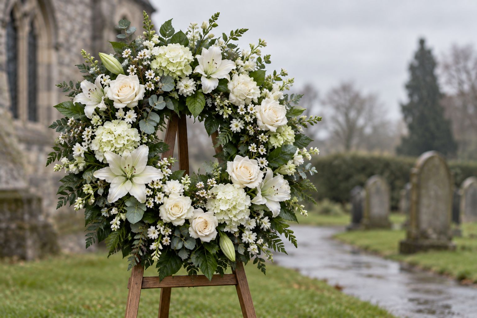Handcrafted artificial silk funeral wreath displayed outdoors