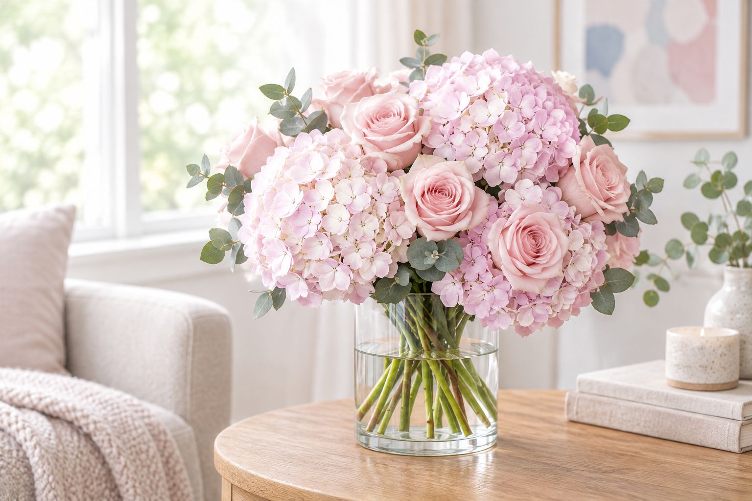 Pale pink hydrangeas and roses in a glass vase with leaves kept above the waterline