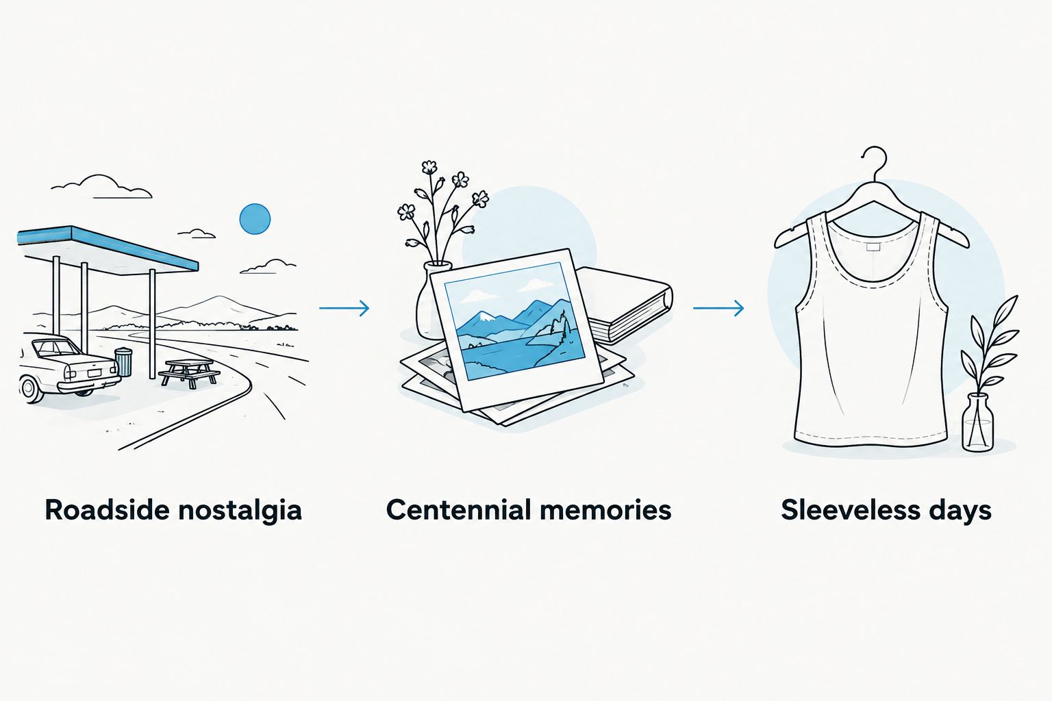 Three shopping priorities: roadside nostalgia, centennial memories, and sleeveless days