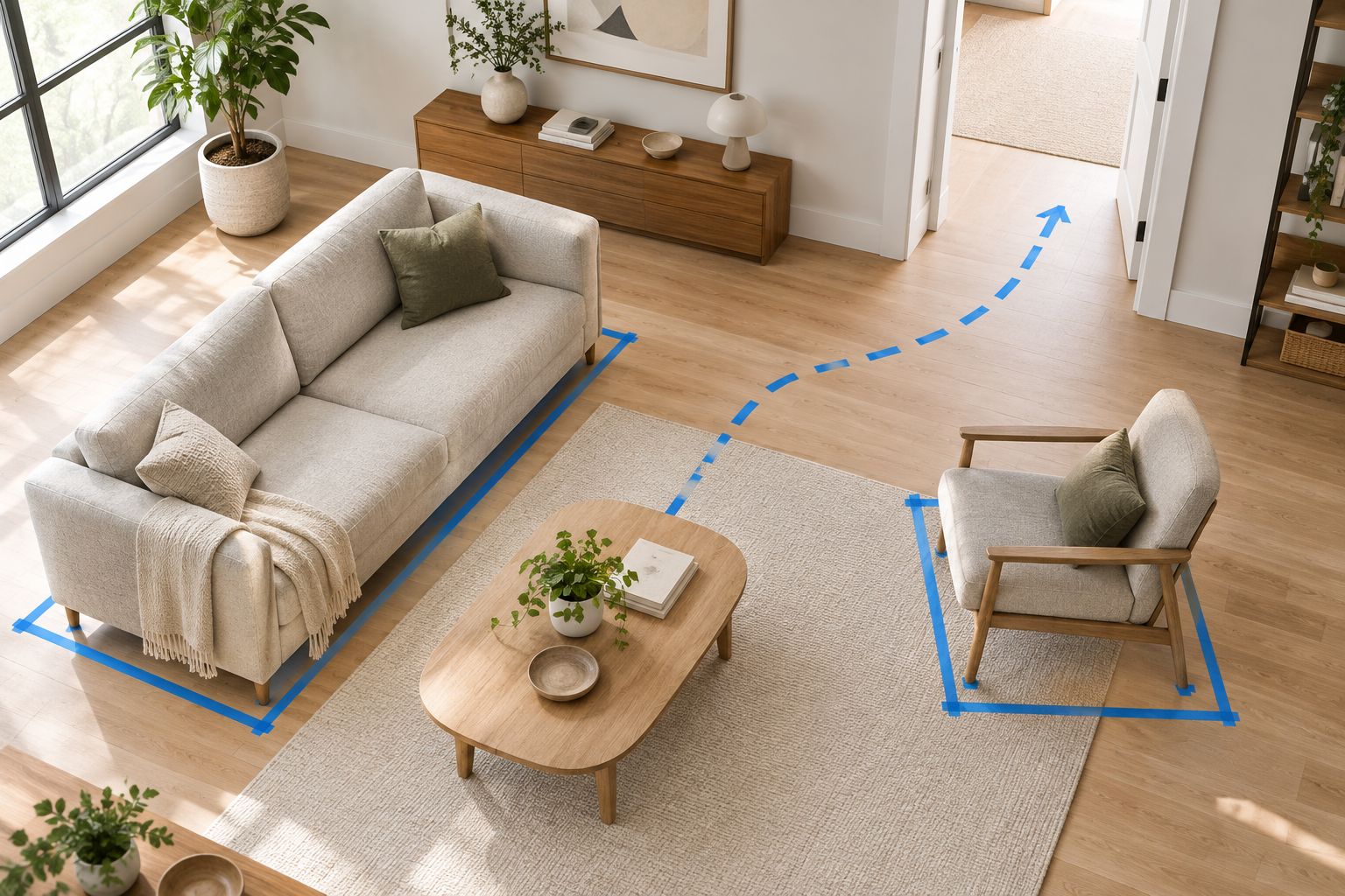 Living room with a taped furniture footprint and a clear walking route beside the seating