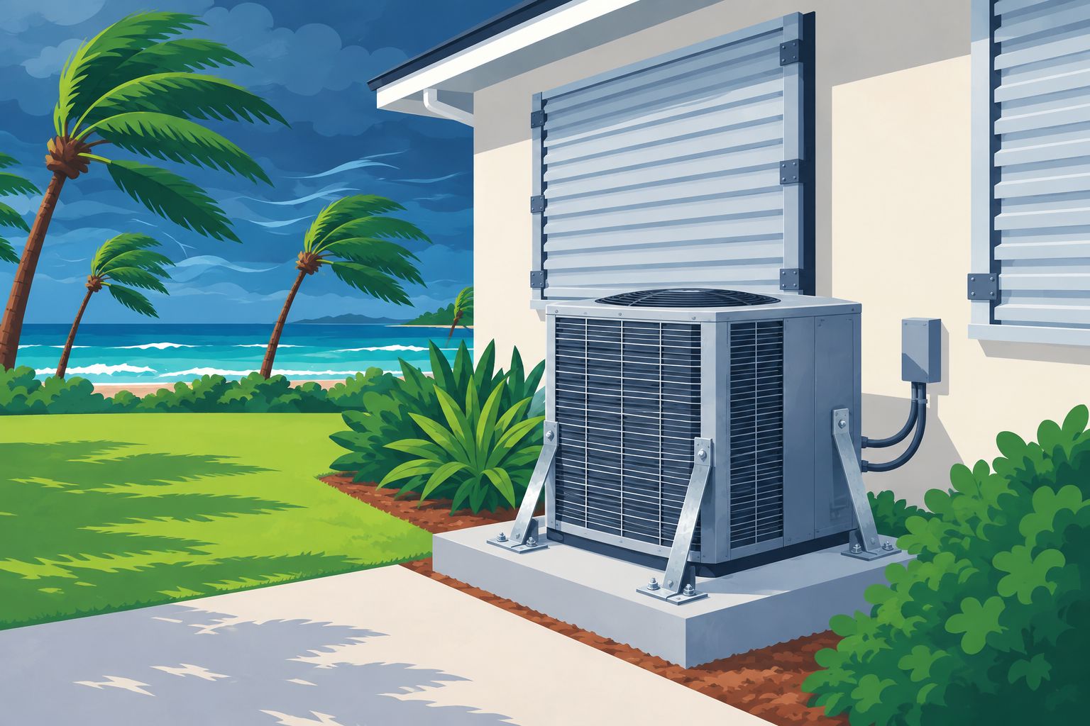 Outdoor AC condenser strapped to an elevated pad with hurricane tie-downs