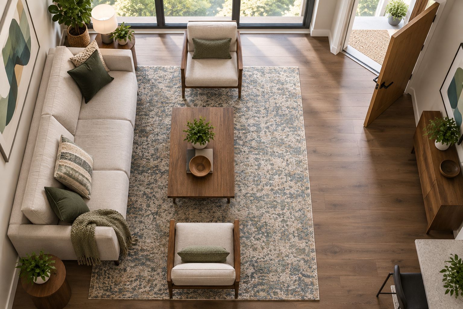 Apartment seating group with furniture legs on a rug and a clear walking route beside it