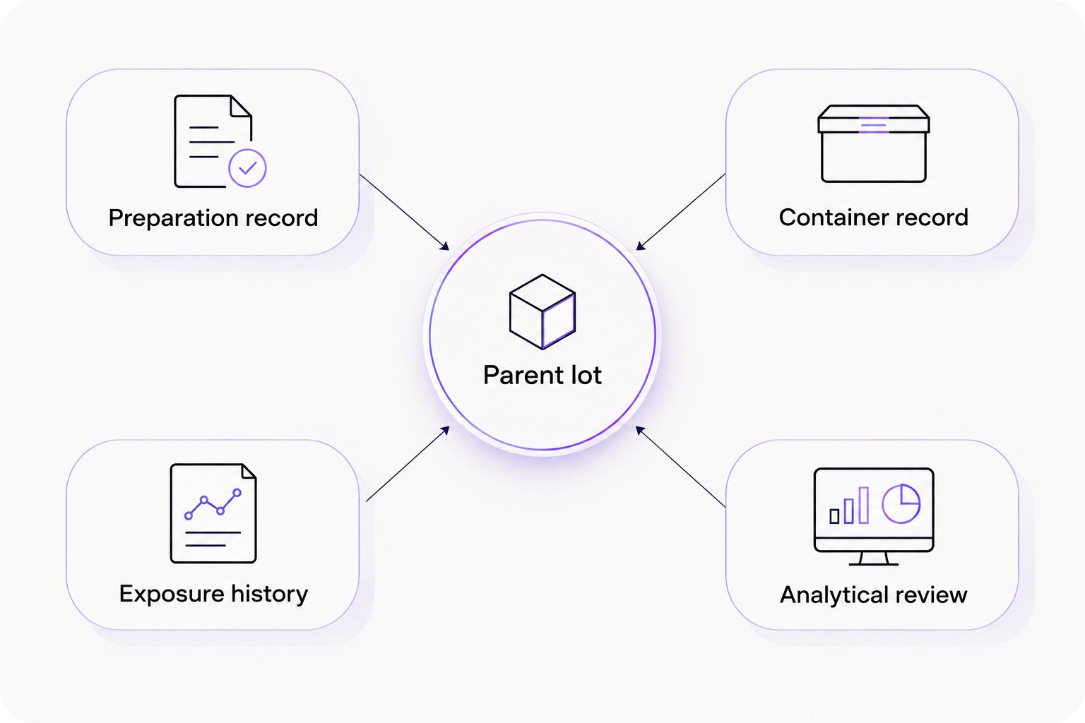 Traceability diagram linking a parent peptide lot to preparation, containers, exposure history, and review