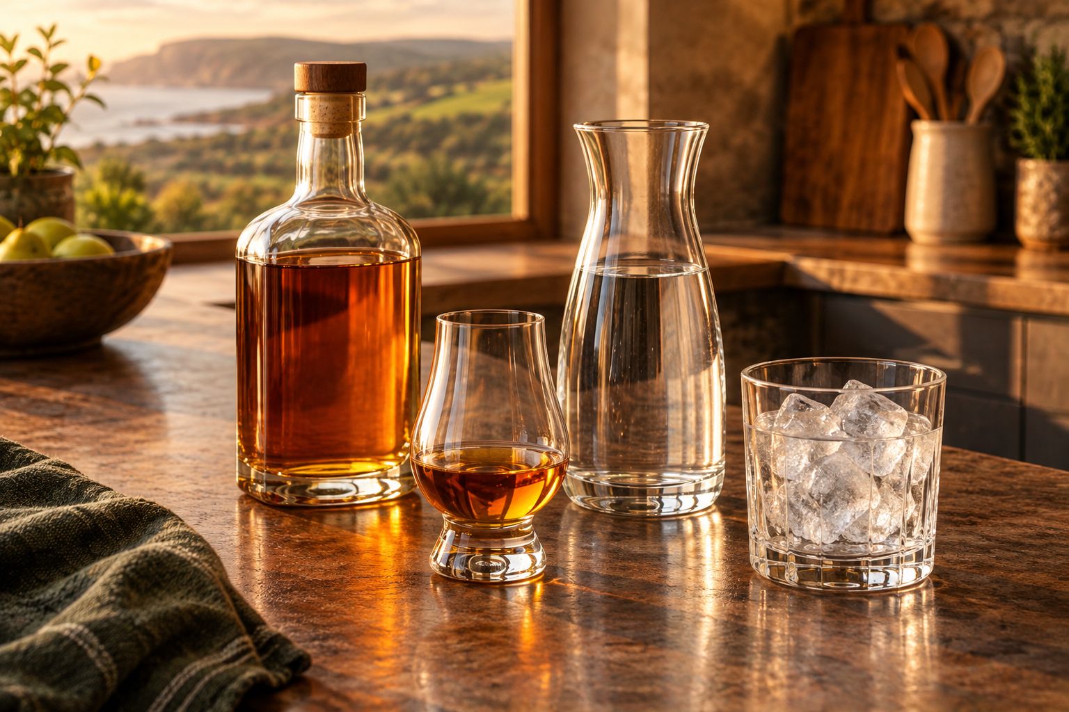 Whiskey tasting glass, water carafe and a separate glass with ice