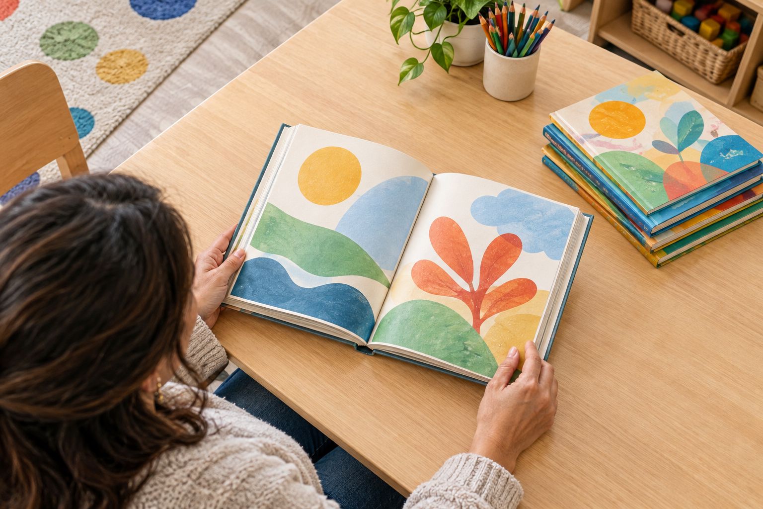 An adult checking the binding and page edges of a used picture book before classroom use