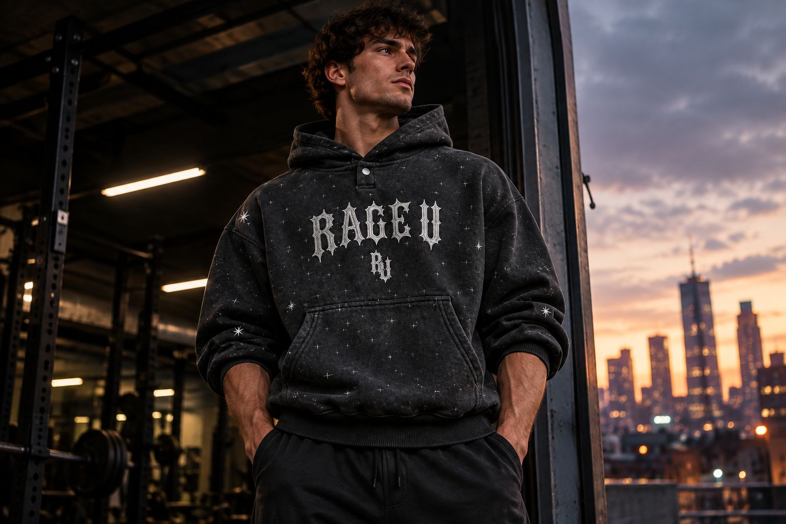Man wearing an oversized numbered graphic hoodie in a gym doorway