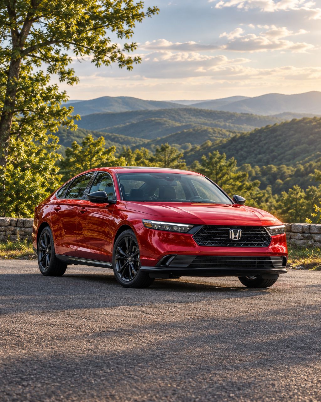 Illustration of a red Honda Accord parked beside green Appalachian foothills