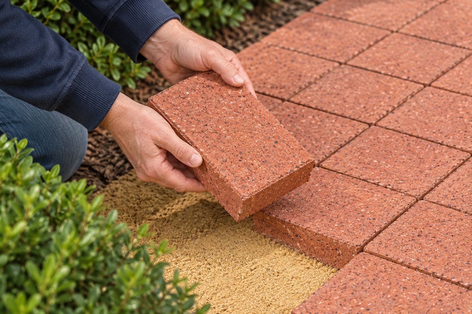 A brick sample being compared with the surface beside an outdoor walkway