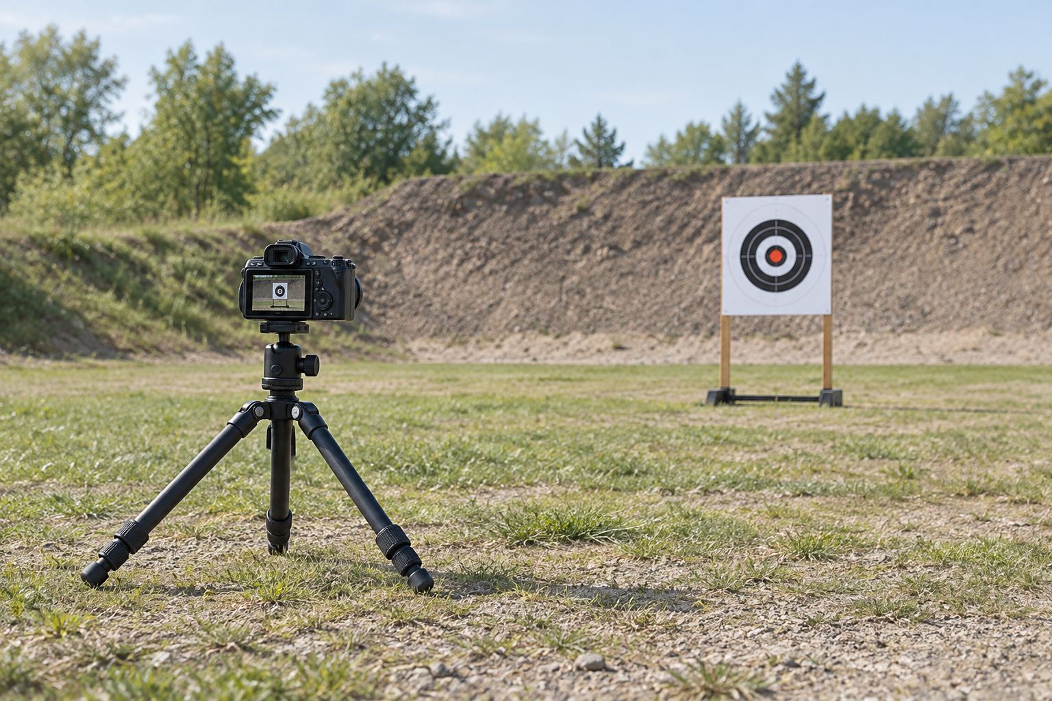 Low target camera tripod with its lens above short grass and an unobstructed view of a paper target
