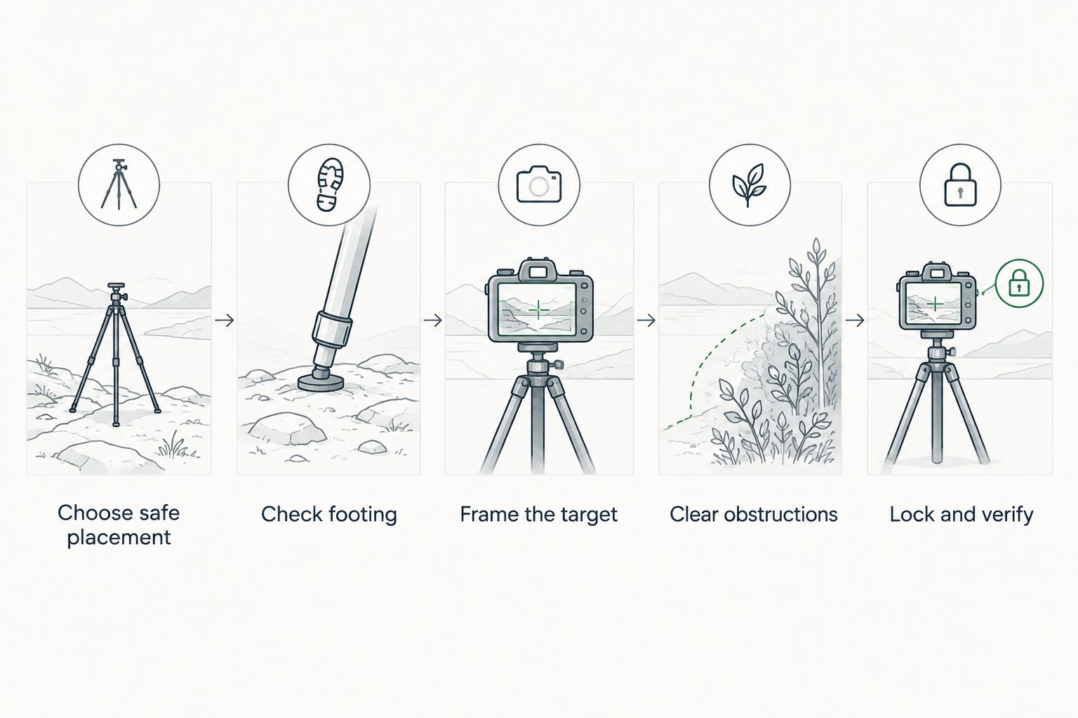 Five checks for setting target camera tripod height, from safe placement to final verification