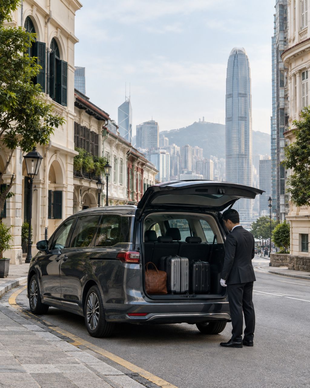 A Mayline chauffeur opening the door of a seven-seat MPV for a guest beside the Tsim Sha Tsui waterfront Star Ferry pier